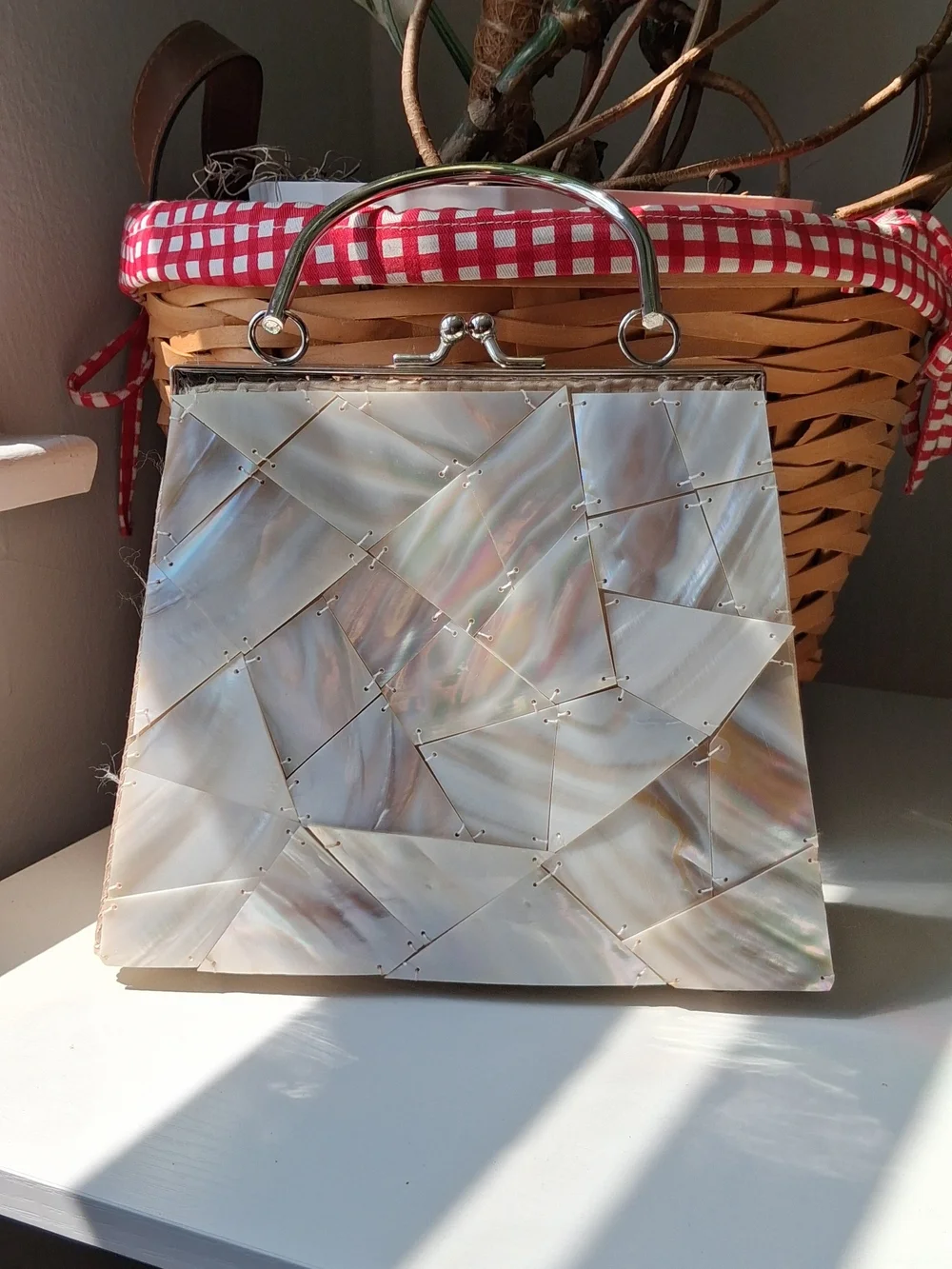 Vintage Style Mod Genuine Mother-of-Pearl Mosaic Clutch / Evening Bag